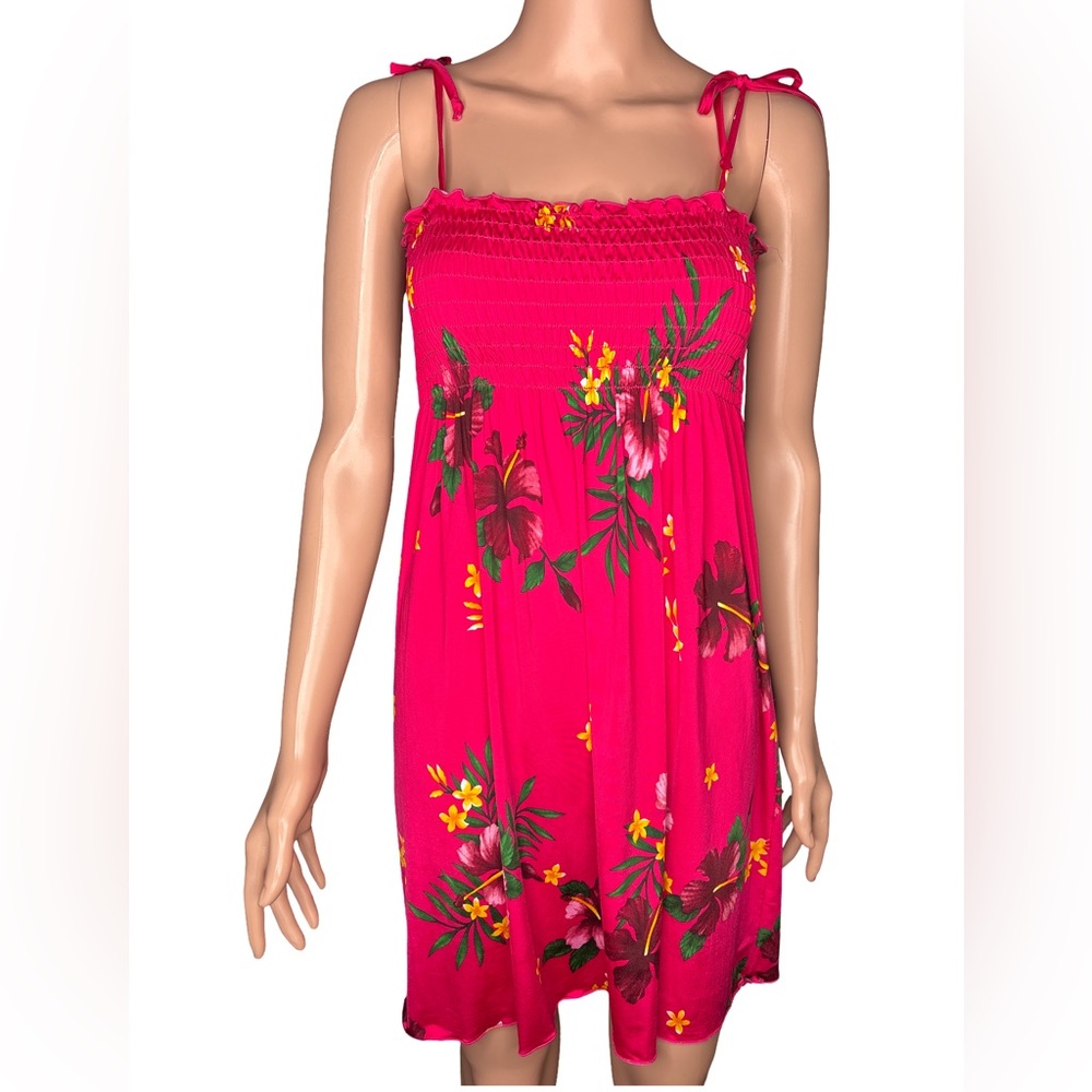 Floral Pink Sleeveless Mini Dress Size 12 - Smocked, Shoulder Ties